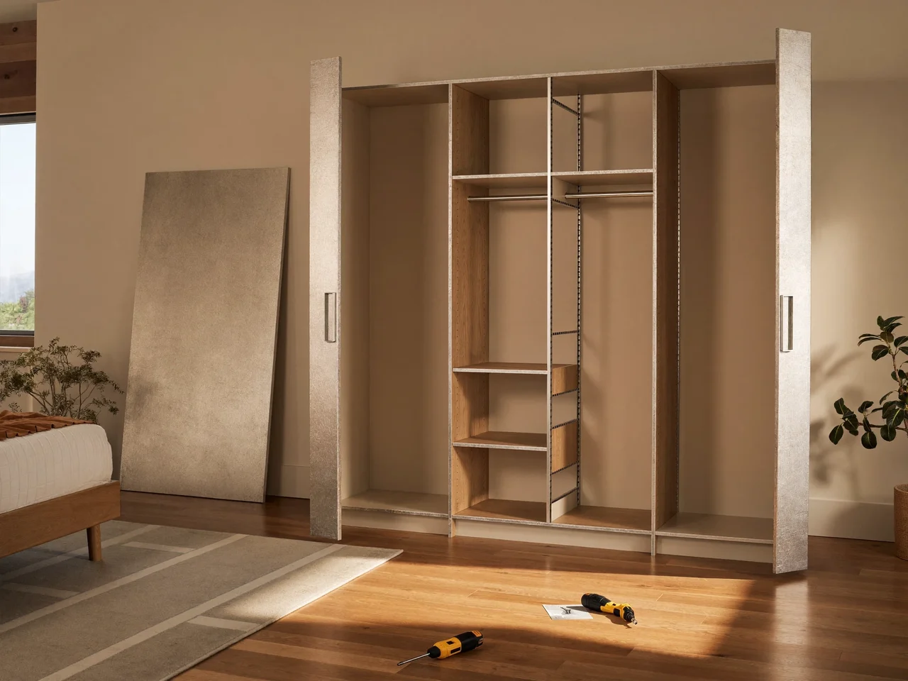 Illustration: halb aufgebauter Kleiderschrank mit Seitenwänden und Werkzeug im Schlafzimmer